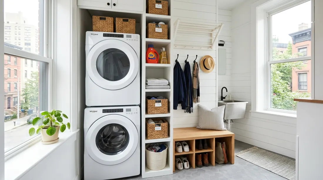 Small mudroom laundry combo with stacked washer dryer, vertical shelves, fold-down drying rack, and bench.