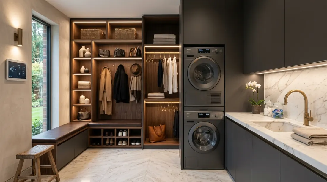 Luxury smart mudroom laundry with smart appliances, sleek cabinetry, illuminated shelves, and marble.
