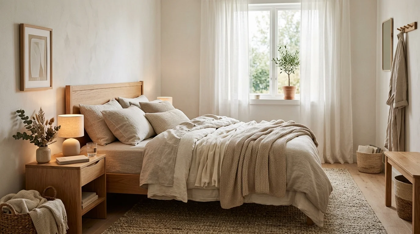 Soft beige and white bedroom with linen bedding, wood furniture, and warm ambient light.