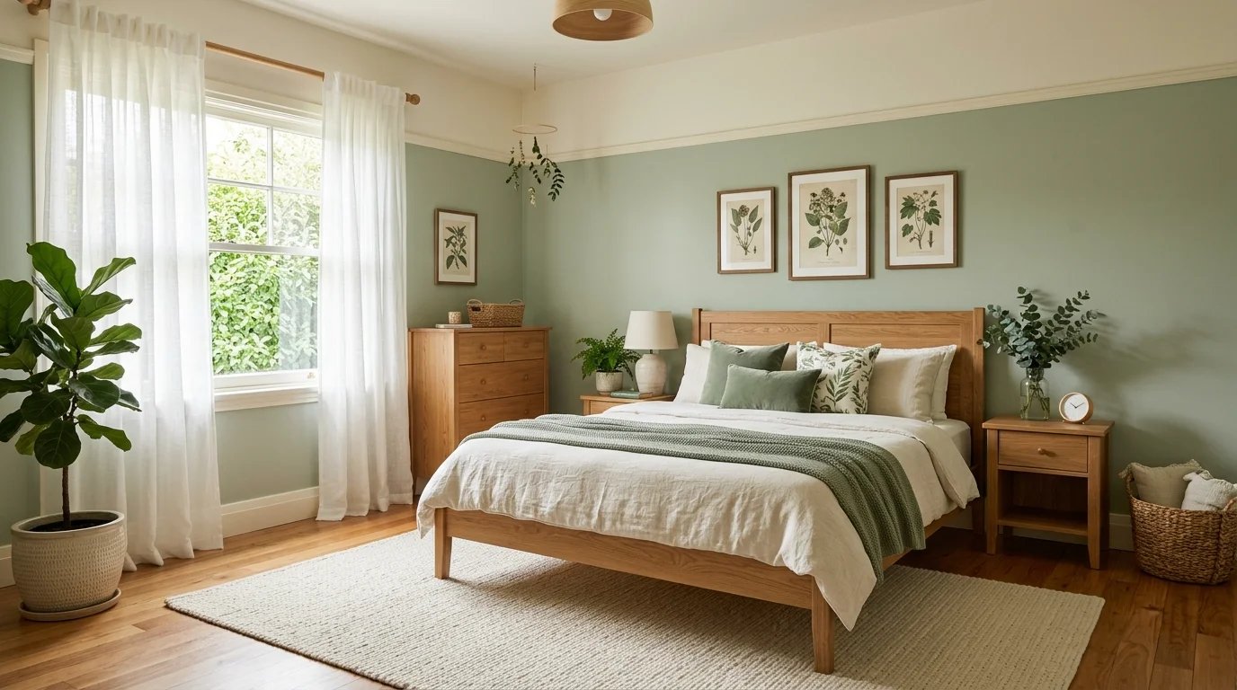 Sage green and cream bedroom with botanical accents, oak bed, and airy curtains.