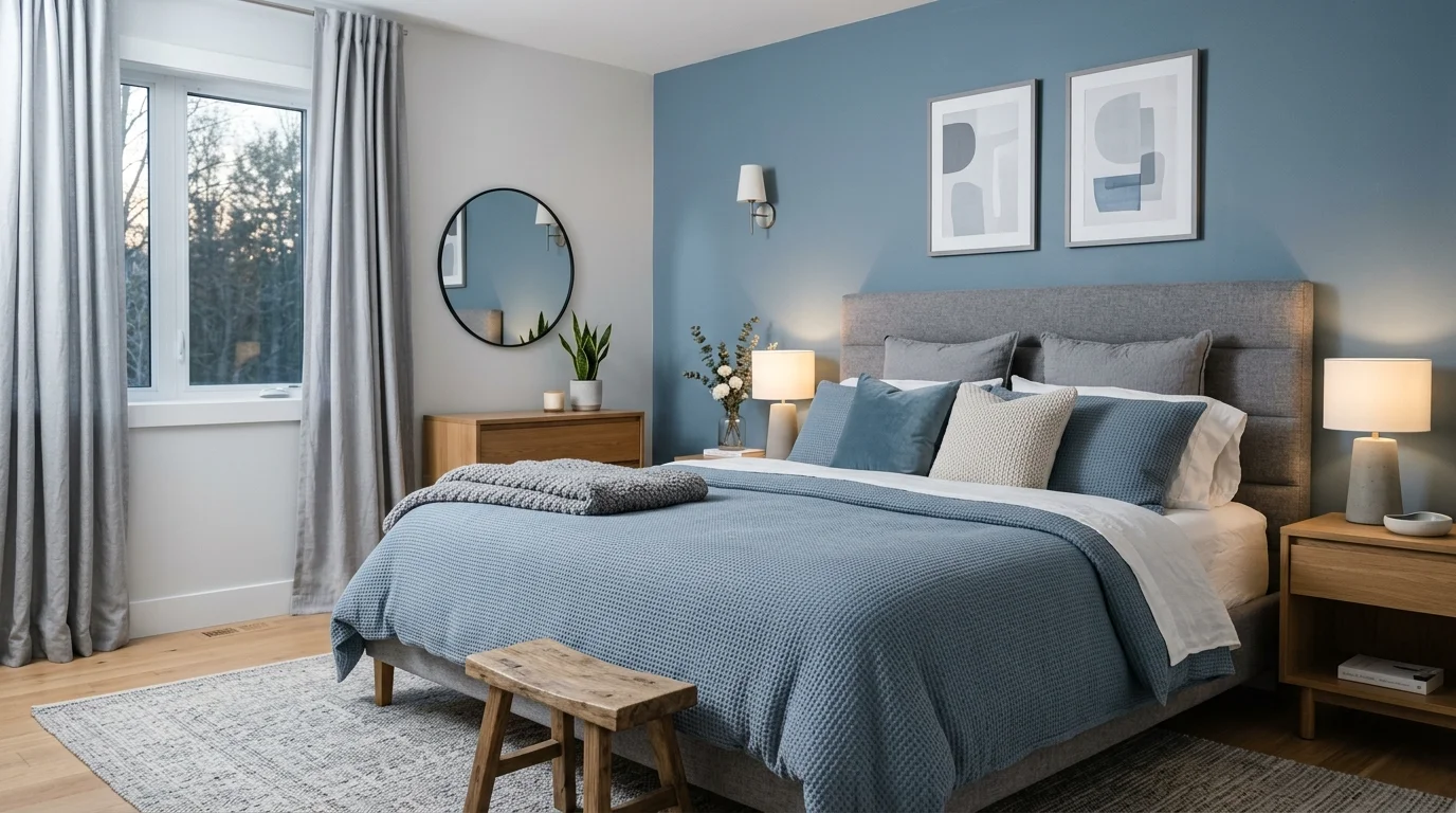 Dusty blue and soft gray bedroom with upholstered headboard, textured bedding, and serene decor.