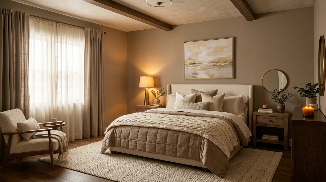Warm taupe and ivory bedroom with plush textiles, wood accents, and golden light.