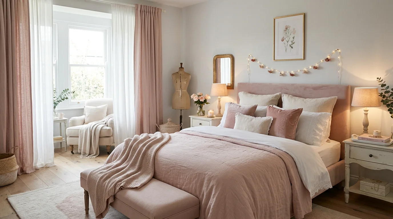 Blush pink and white bedroom with soft fabrics, delicate decor, and warm bedside glow.