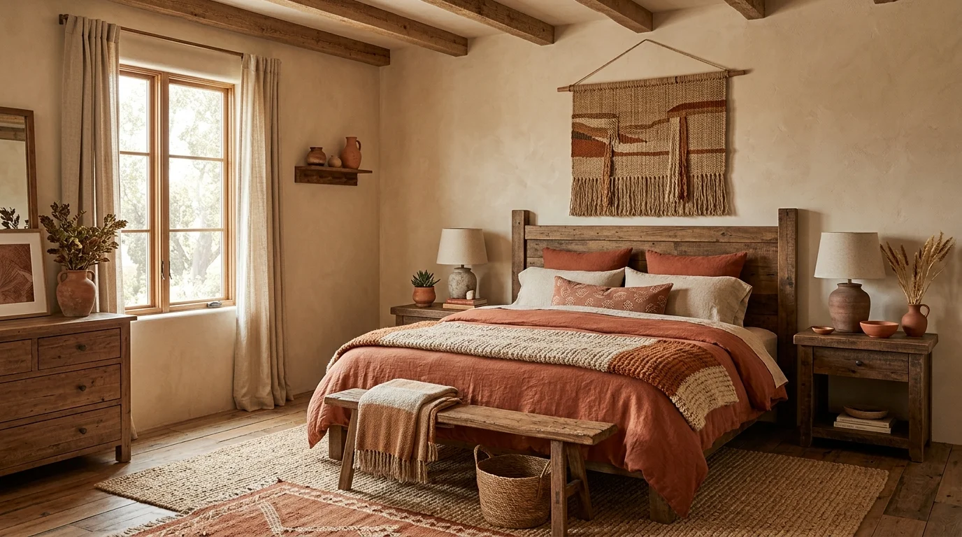 Earthy terracotta and beige bedroom with woven rugs, rustic wood, and grounded cozy atmosphere.