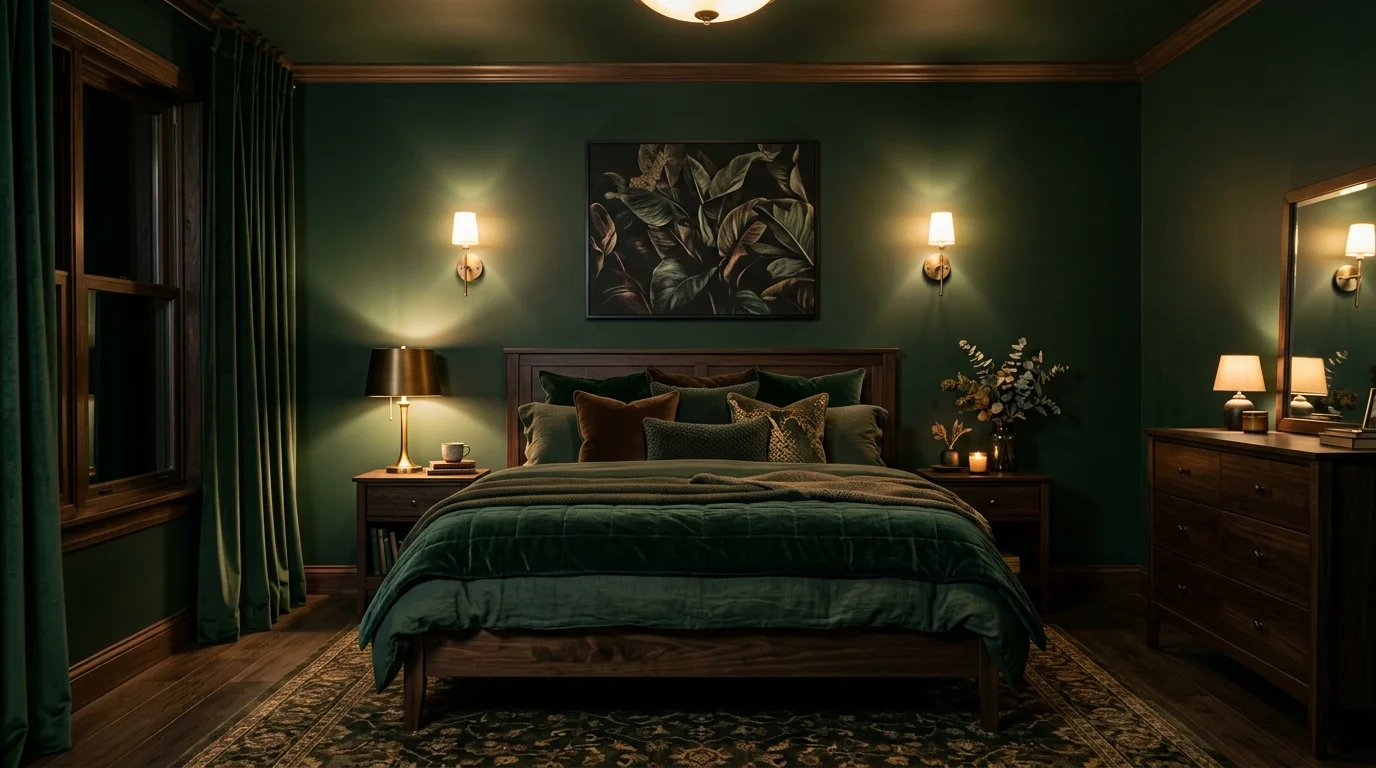 Forest green and walnut bedroom with velvet textures, dark wood bed, and moody warm lighting.