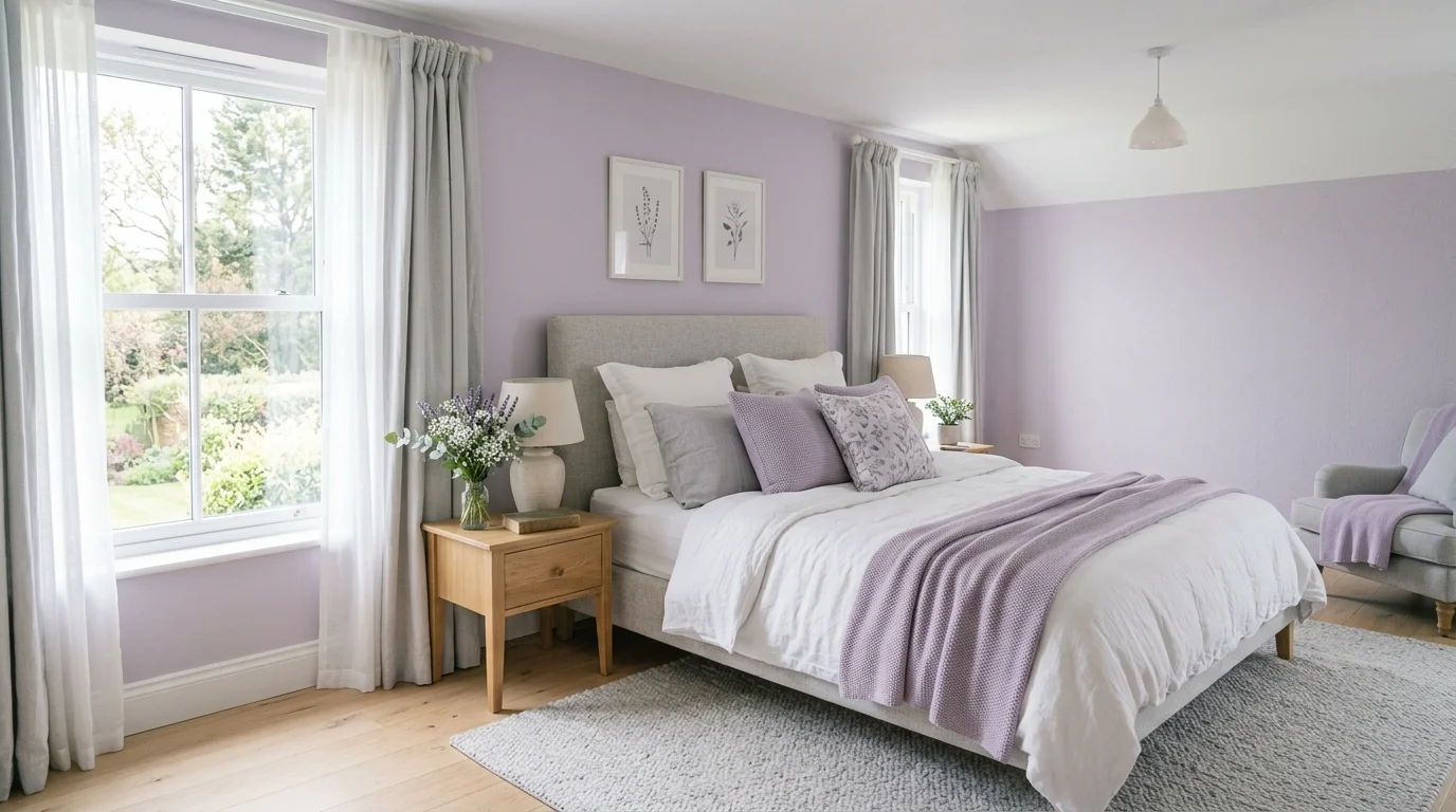 Soft lavender and light gray bedroom with airy bedding, subtle floral accents, and natural light.
