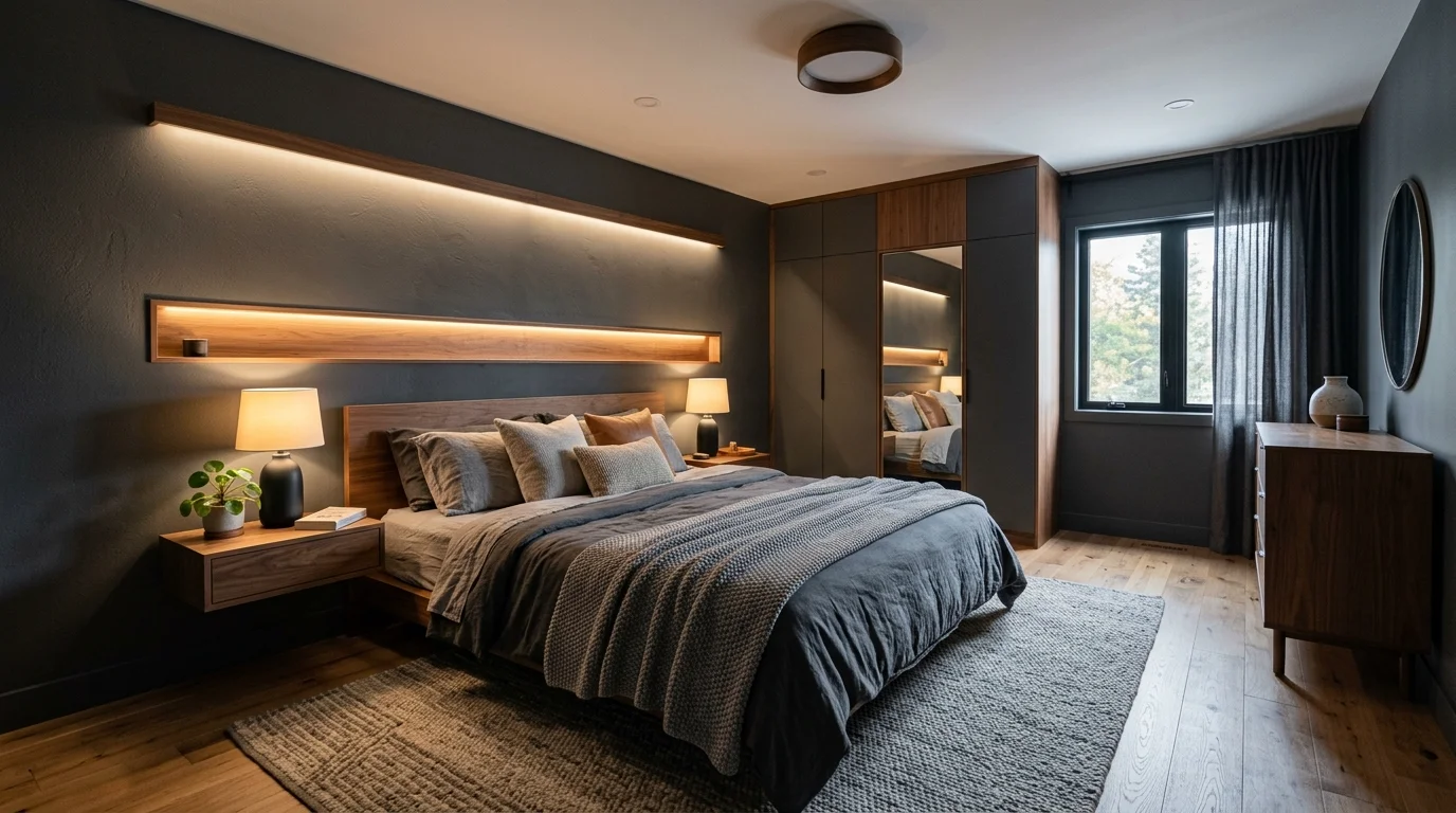 Charcoal gray bedroom with warm wood furniture, layered textures, and soft indirect lighting.