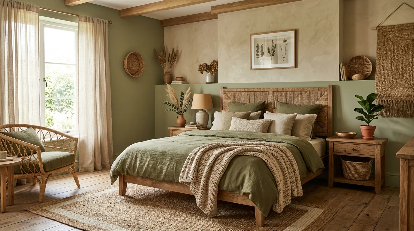 Muted olive green and sandy beige bedroom with organic textures, linen fabrics, and natural decor.