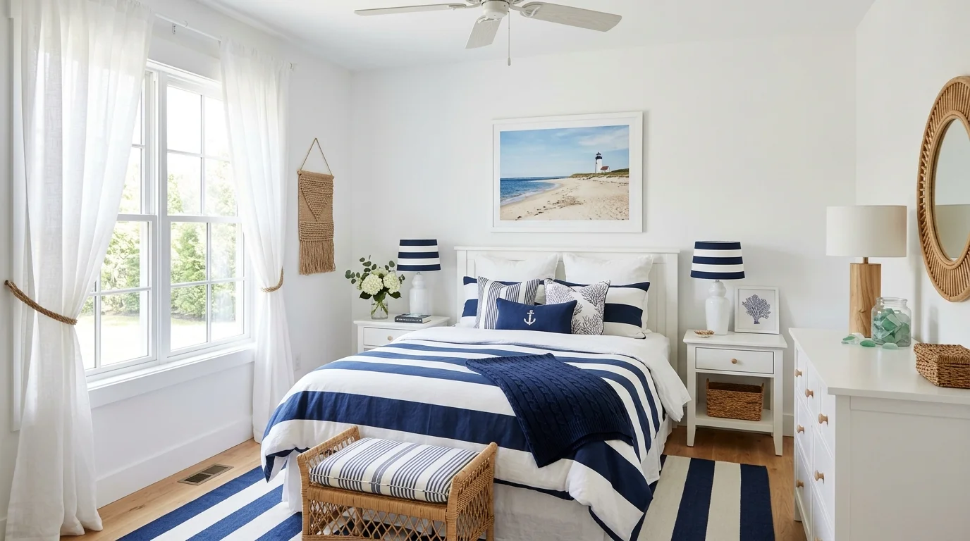 Navy blue and crisp white bedroom with coastal styling, striped textiles, and fresh bright light.