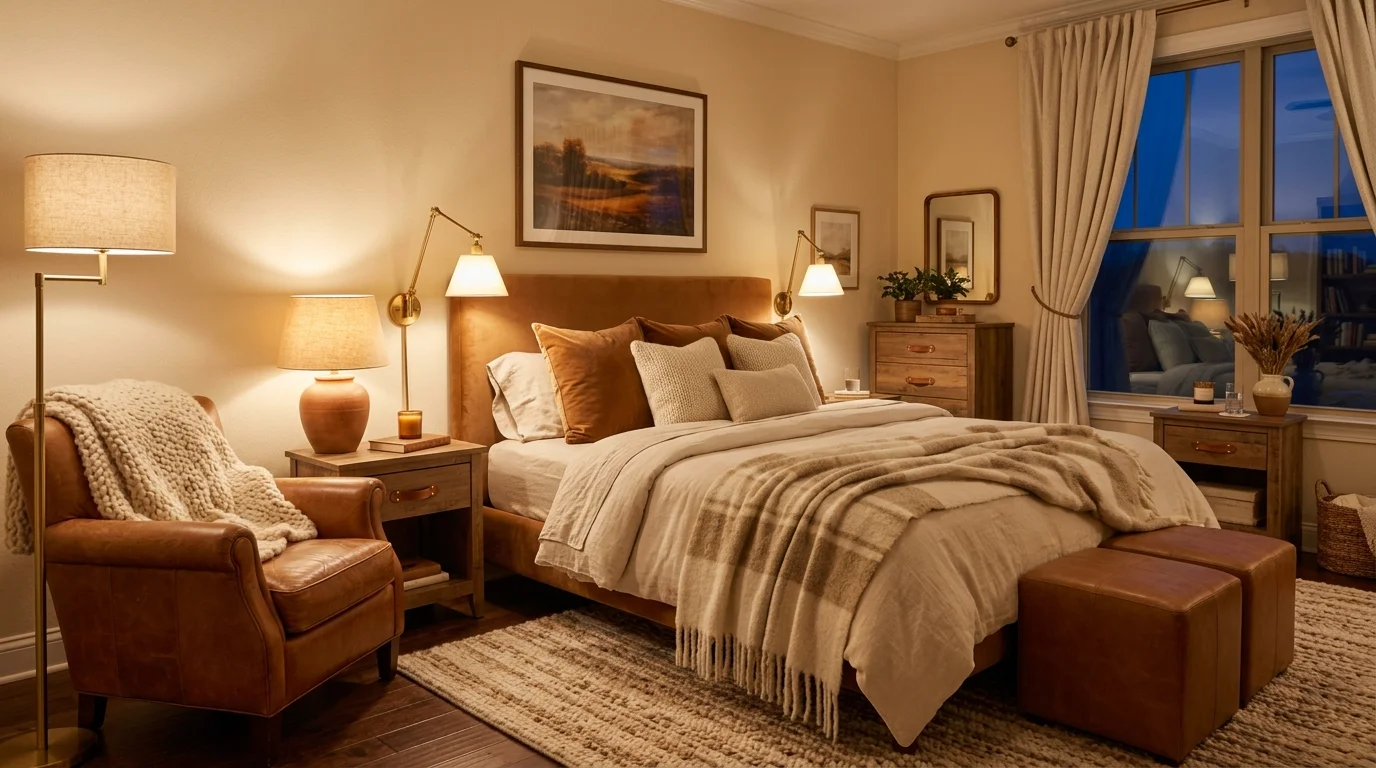 Warm caramel and cream bedroom with leather accents, wool textiles, and cozy ambient lighting.