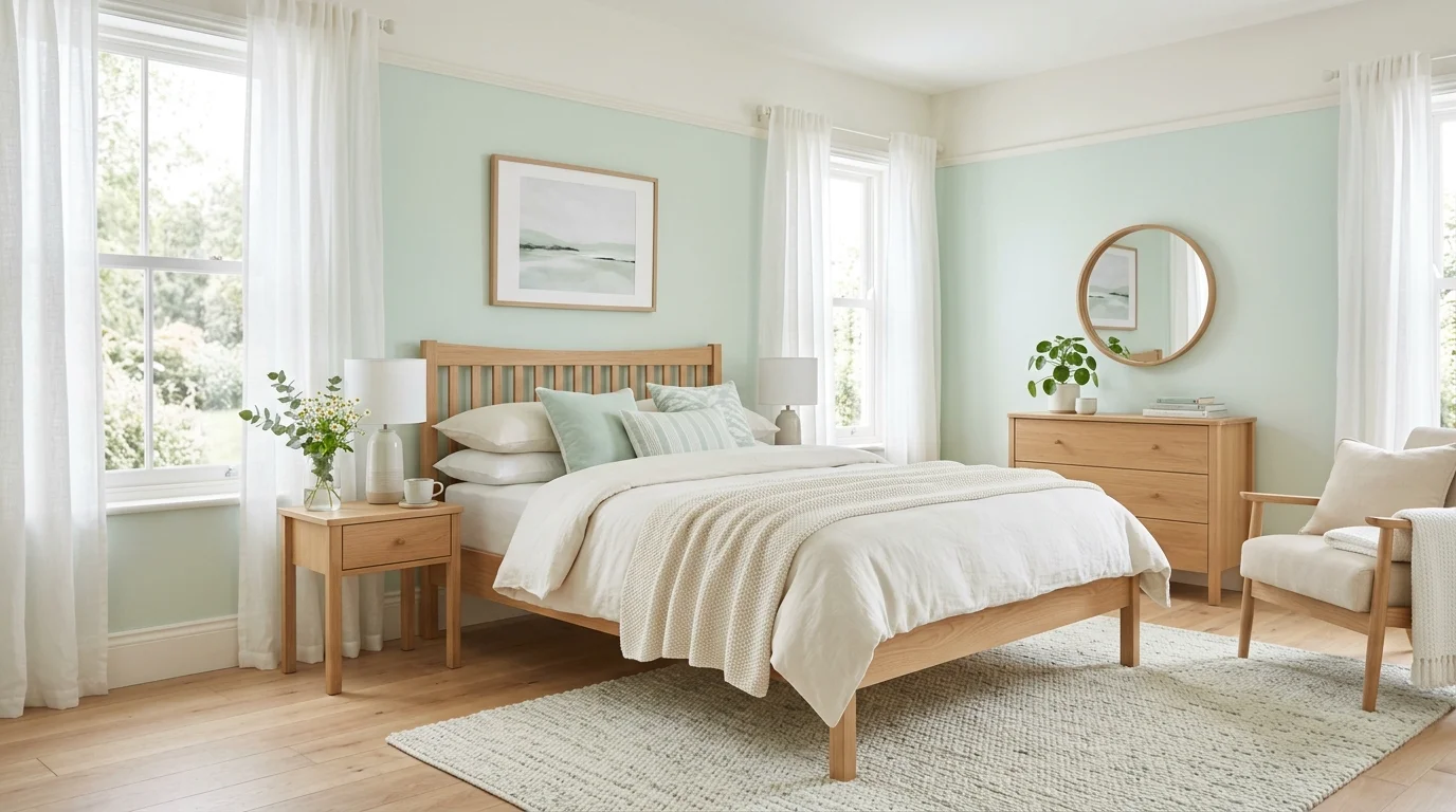 Pale mint and ivory bedroom with light wood furniture and airy restful styling.