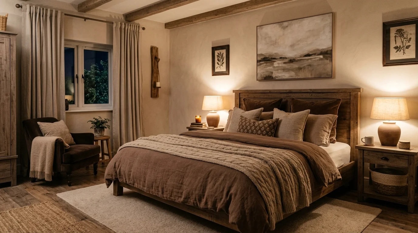 Mocha brown and beige bedroom with layered bedding, rustic elements, and comforting warm light.