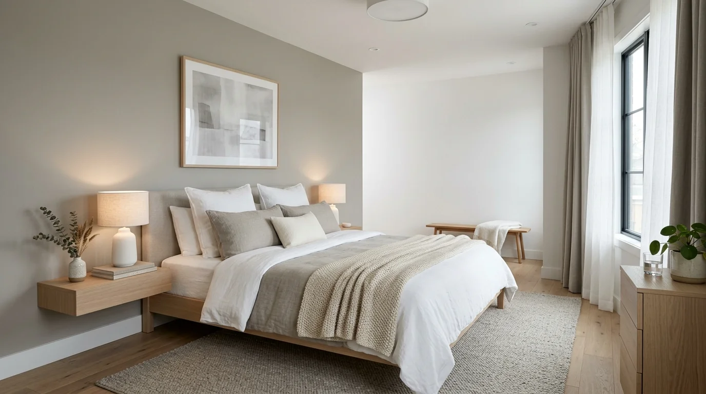 Soft greige bedroom with white accents, textured fabrics, and balanced modern soothing elegance.