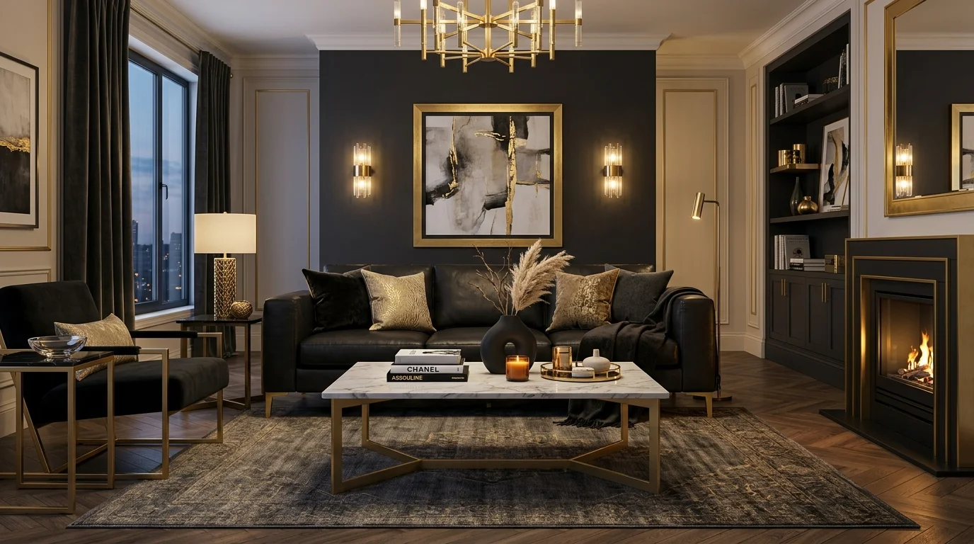 Living room with black sofa, warm wood table, soft rug, and balanced modern styling.
