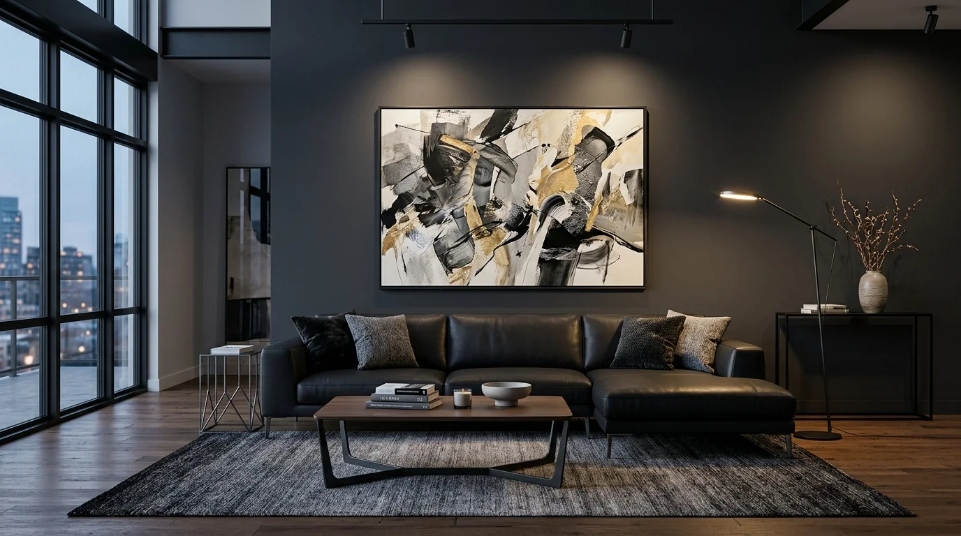 Clean living room with black sofa, pale walls, and restrained modern calm.