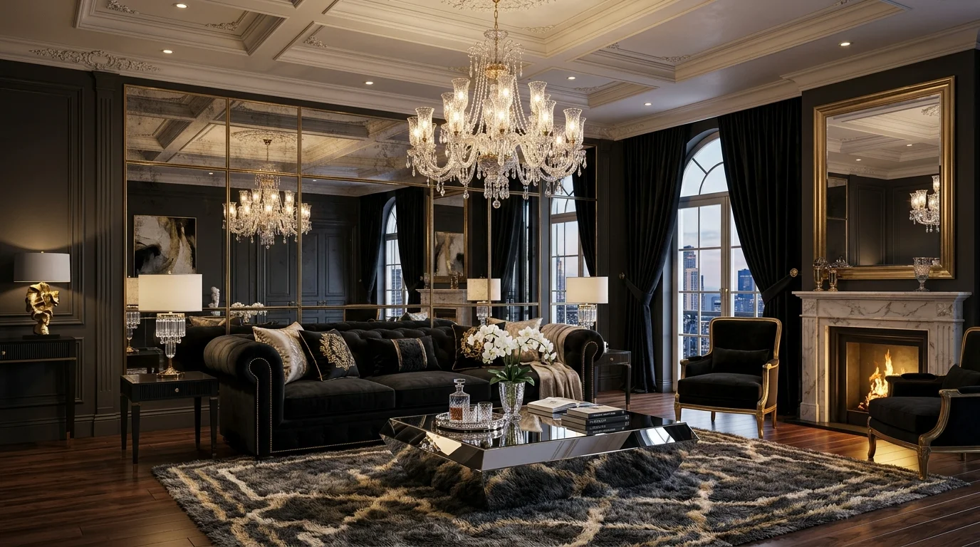 Sophisticated room with black sofa, marble accents, and rich evening lighting.