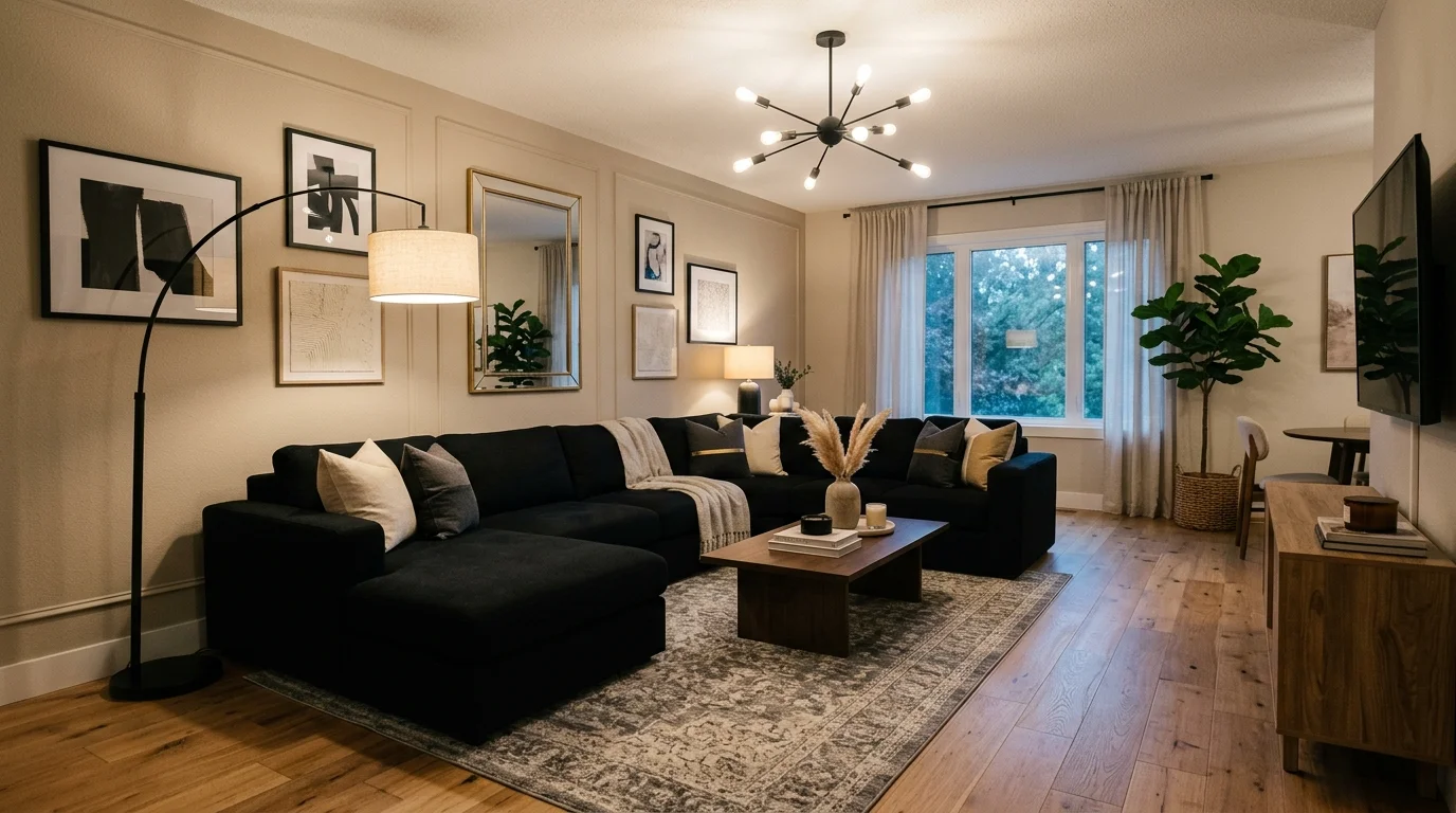 Living room with black seating balanced by cream textiles and soft contrast.