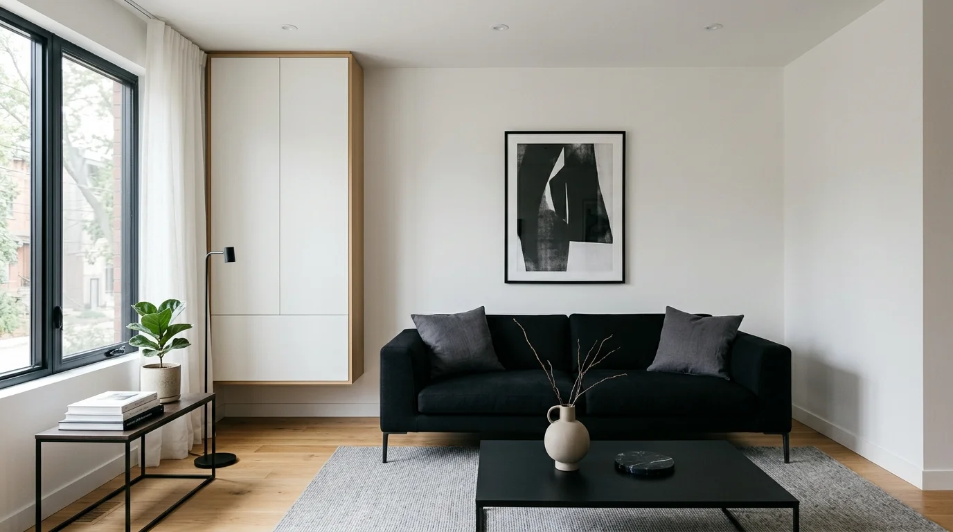 Living room with black sofa, light oak, and crisp uncluttered styling.