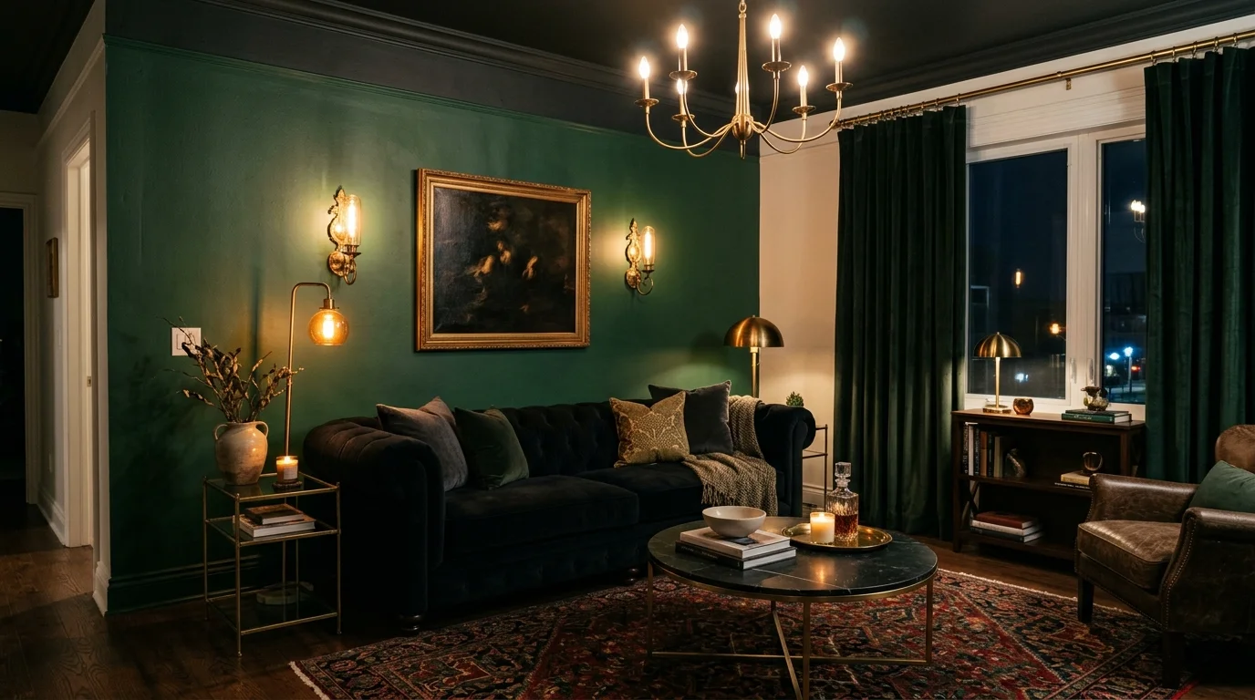 Black sofa paired with woven textures, plants, and relaxed layered decor.