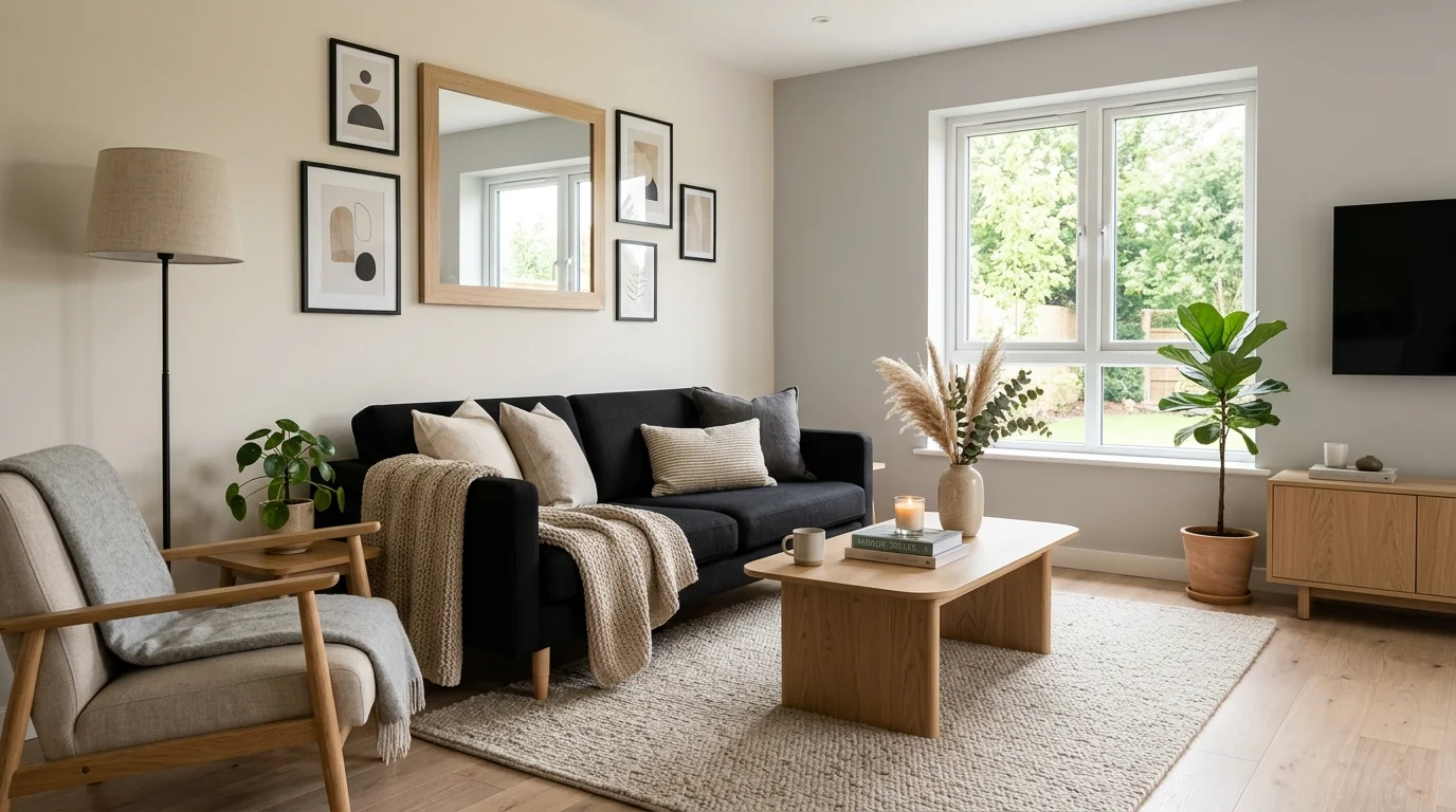 Living room with black sofa, gold accents, and polished dramatic finish.