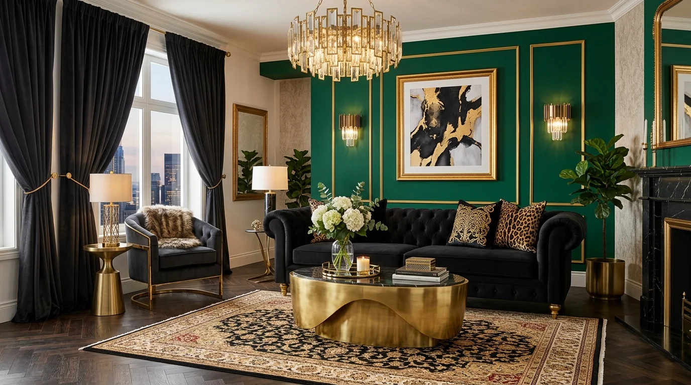 Practical room with large black sectional and warm approachable styling.