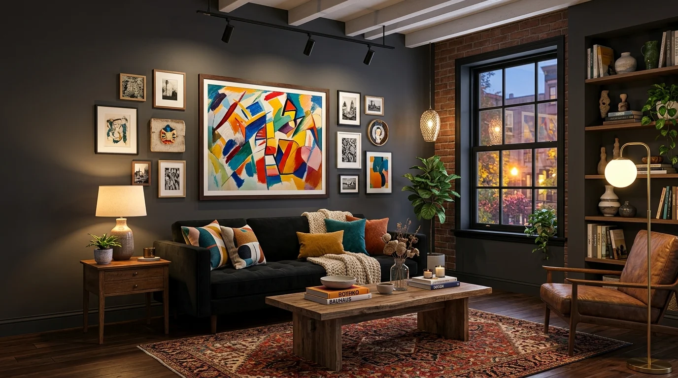 Living room with black sofa and lush plants for fresh visual balance.