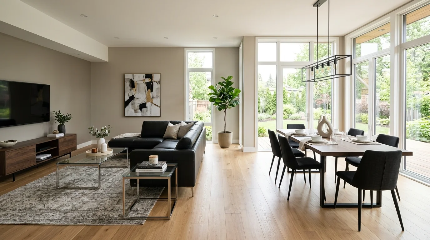 Room anchored by black sofa and a curated gallery wall above.