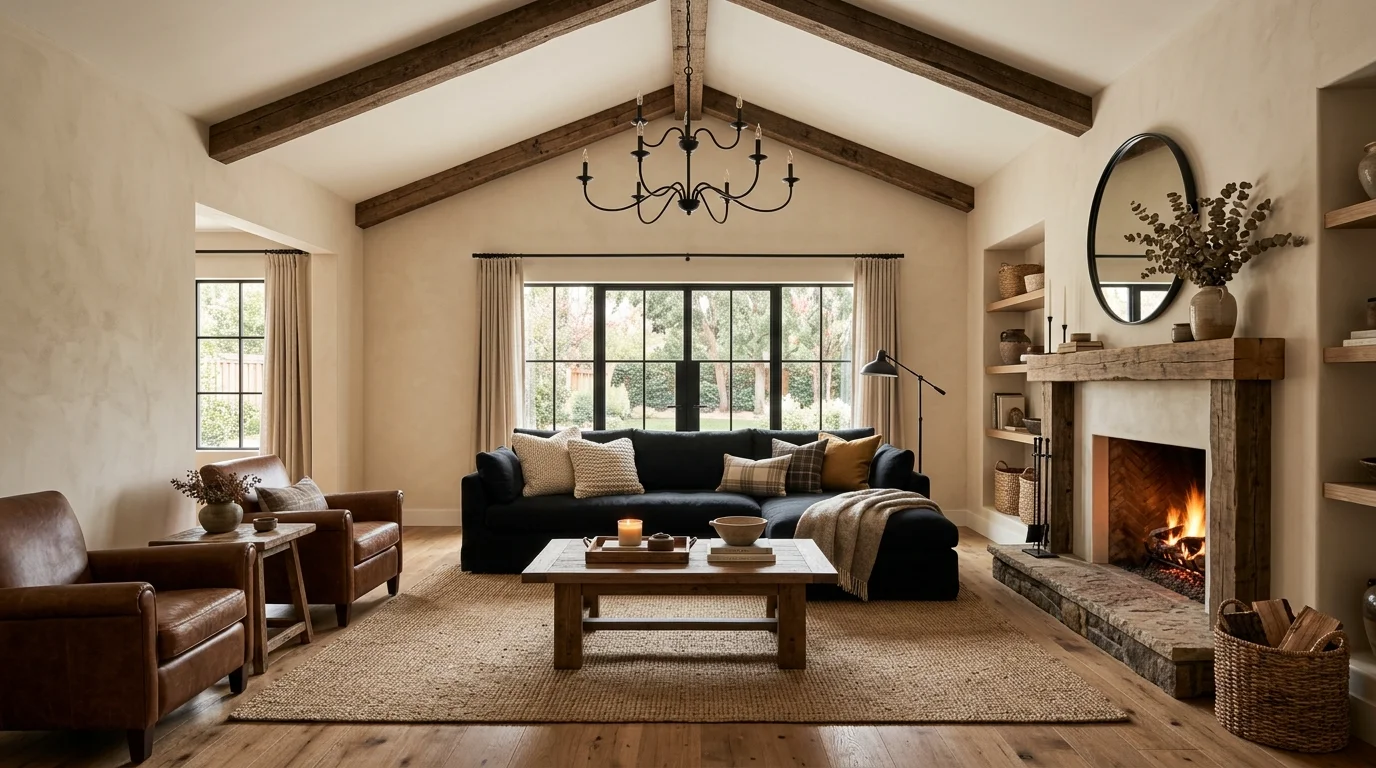 Black sofa paired with beige, taupe, and natural textures for warmth.