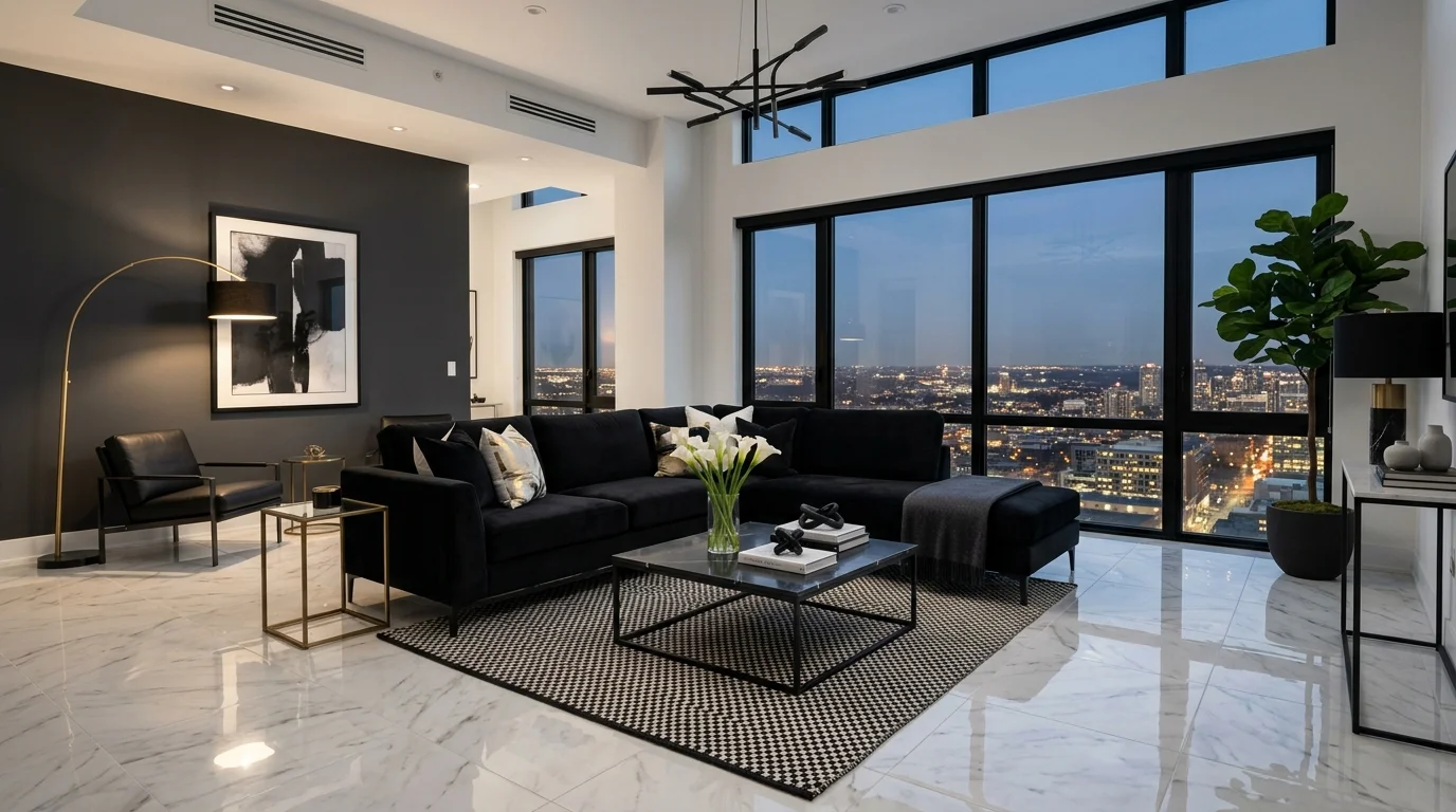 Modern living room with black sofa and architectural lighting creating a bold focal point.