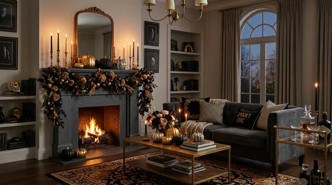 Sophisticated Halloween living room with black and gold decor, elegant pumpkins, taper candles, and moody light.