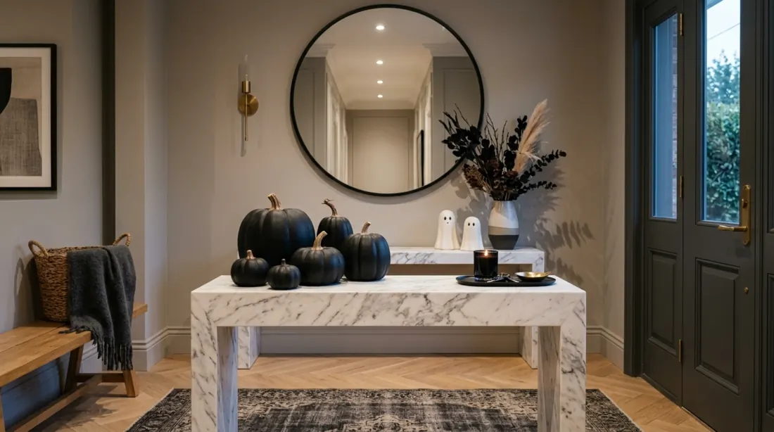 Elegant Halloween entryway with matte black pumpkins, marble console, and minimal ghost accents.