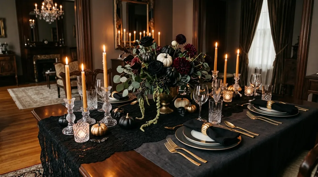 Glam Halloween dining table with black lace runner, gold cutlery, dark flowers, and crystal candles.