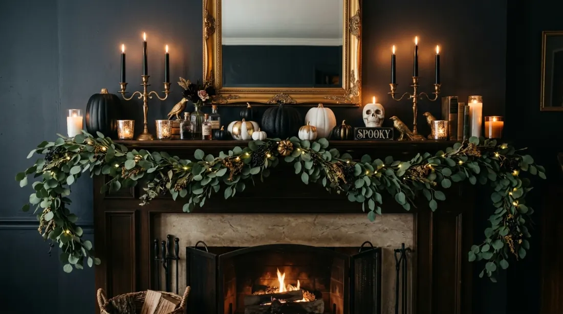Halloween mantel with black and white pumpkins, eucalyptus, gold mirror, and candles.