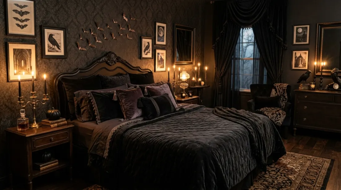 Luxury Halloween bedroom with dark velvet bedding, bat accents, and warm candlelight.