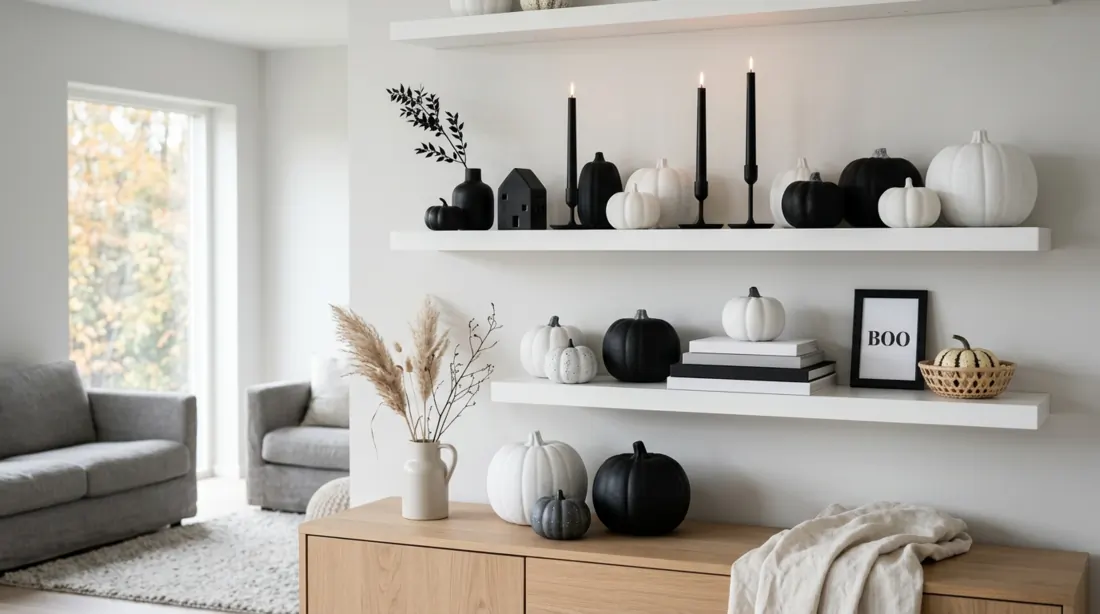 Minimal Halloween shelves with monochrome pumpkins, black candles, and clean white shelves.