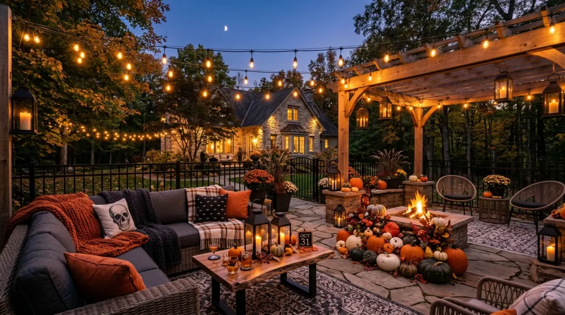 Outdoor Halloween patio with black lanterns, string lights, pumpkins, and elegant seating.
