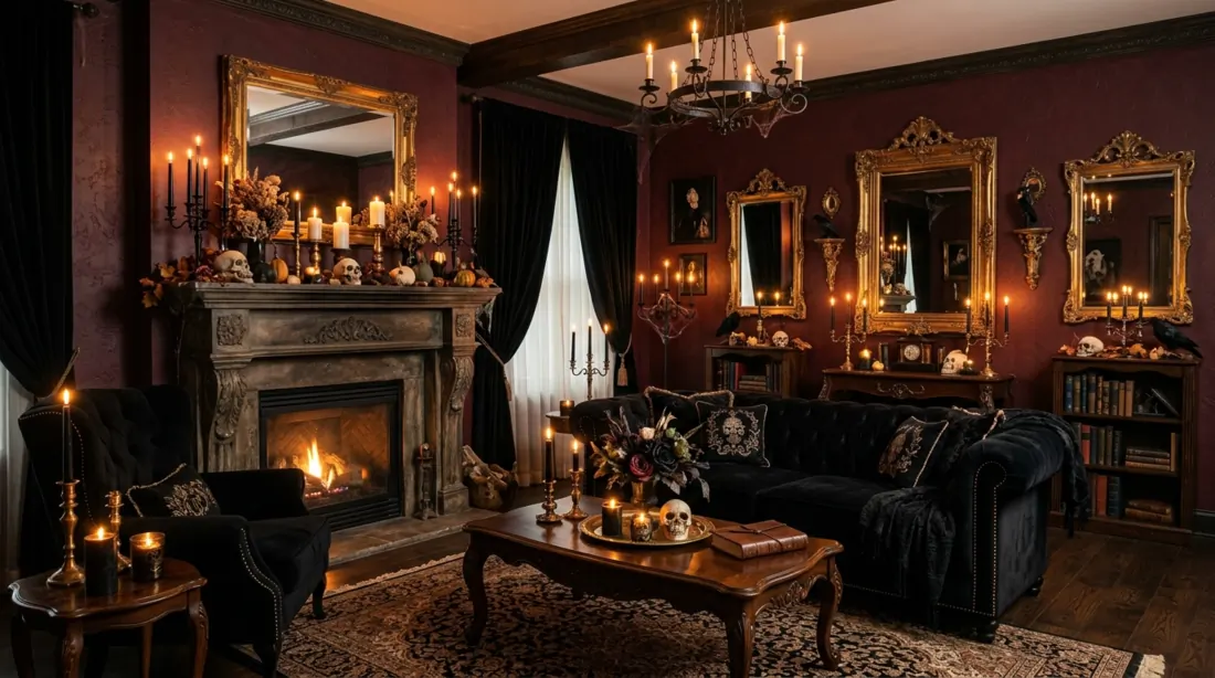 Gothic Halloween living room with burgundy walls, antique gold mirrors, black velvet, and candles.