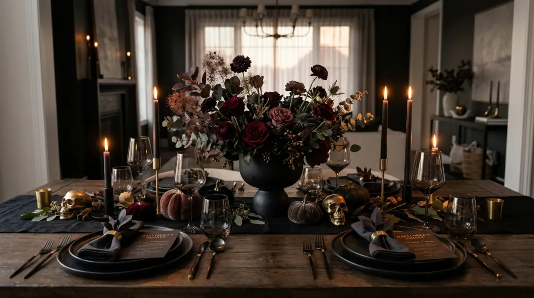 Chic Halloween tablescape with smoked glassware, dark florals, metallic accents, and black table setting.