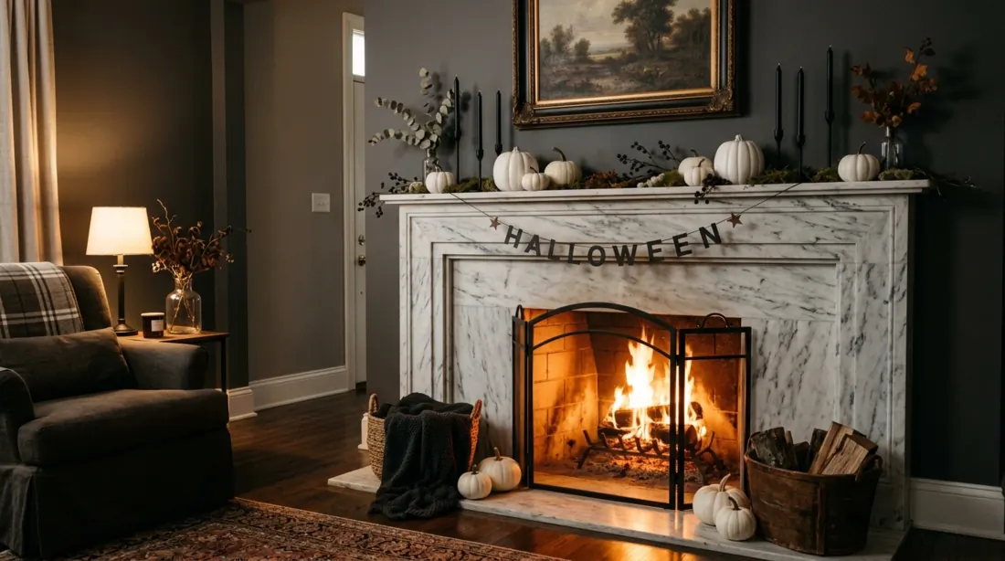 Halloween fireplace with white pumpkins, black candlesticks, marble surround, and firelight.