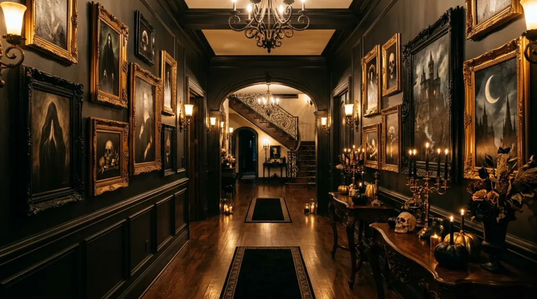 Halloween hallway with gothic framed artwork, dim lights, black and gold decor, and polished floor.