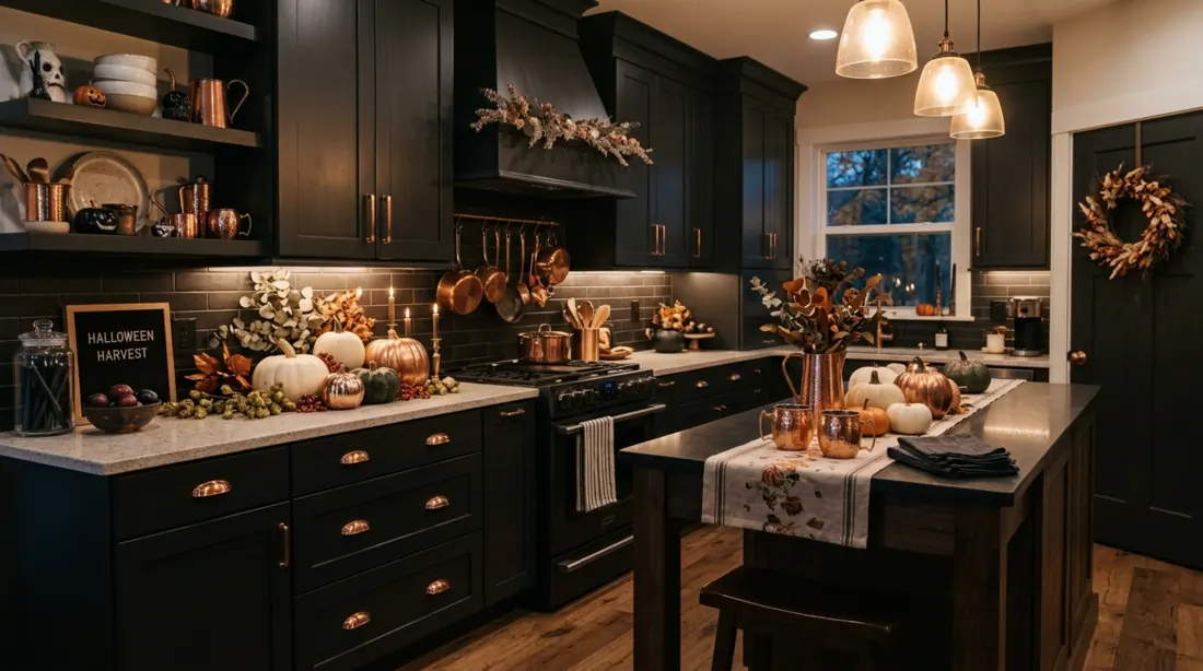 Halloween kitchen with dark cabinets, pumpkins, copper accents, and under-cabinet lighting.