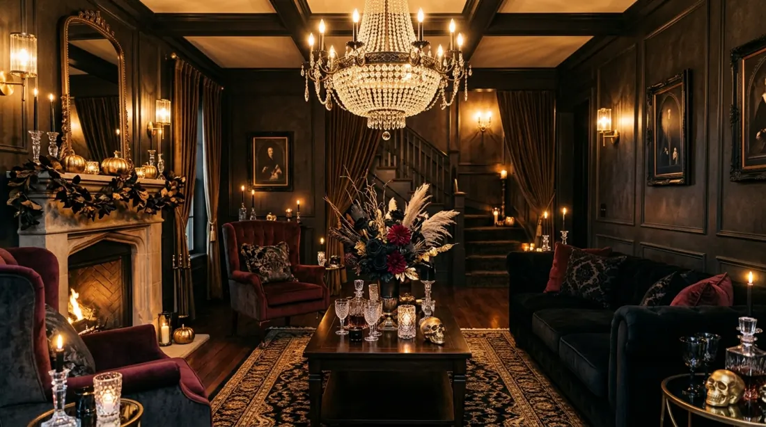 Luxury Halloween lounge with velvet seating, crystal decor, moody flowers, and golden light.