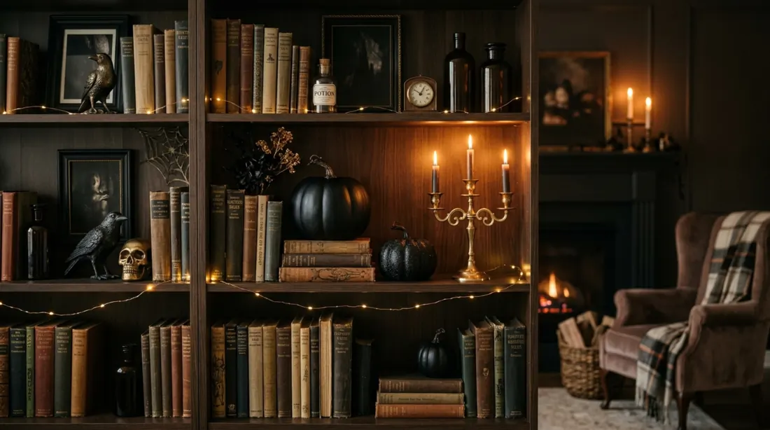 Halloween bookshelf styling with black pumpkins, antique books, gold candle holders, and spooky accents.