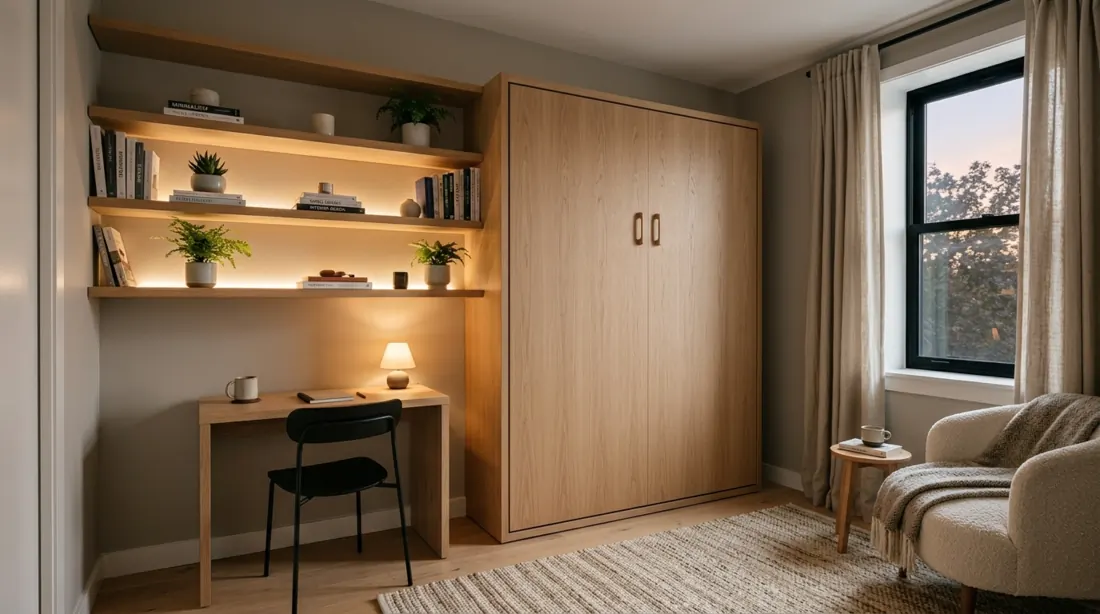 Compact bedroom with Murphy bed wall cabinet, neutral tones, and floating shelves.