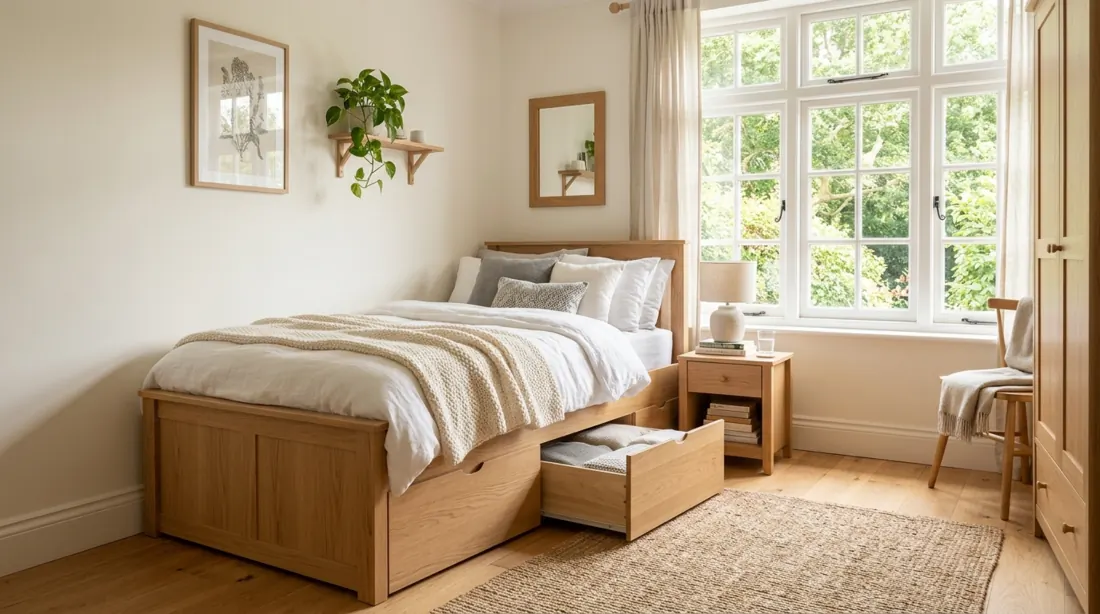 Small bedroom with under-bed drawers, light wood furniture, bedding, and large window.