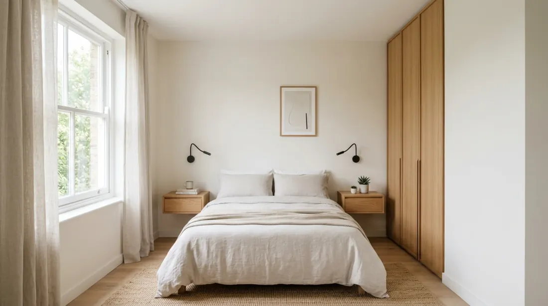 Tiny bedroom with wall-mounted bedside tables, slim wardrobe, neutral palette, and clean layout.