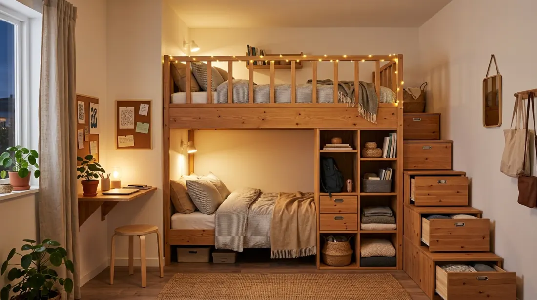 Space-saving bedroom with bunk bed, integrated storage stairs, and warm lighting.