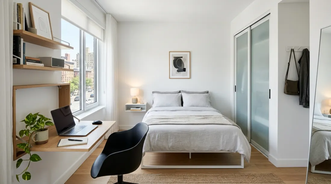 Modern small bedroom with foldable desk, sliding closet doors, sleek furniture, and white walls.