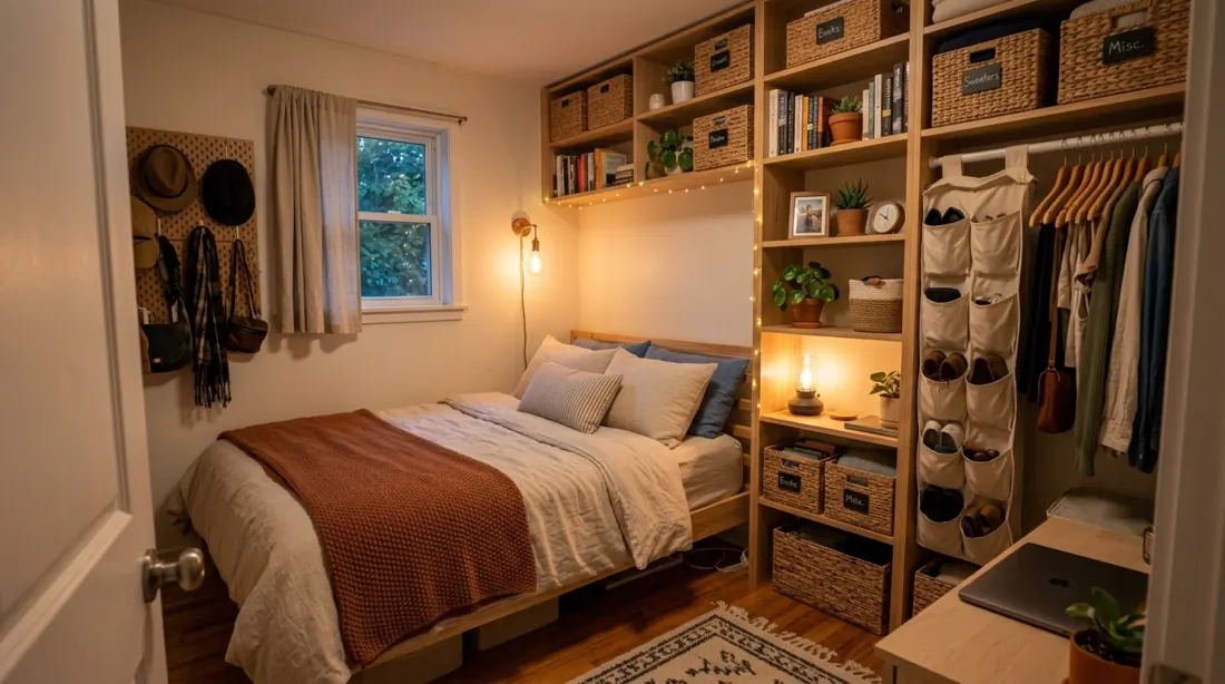 Compact bedroom with vertical shelves, hanging storage, bedding, and warm light.