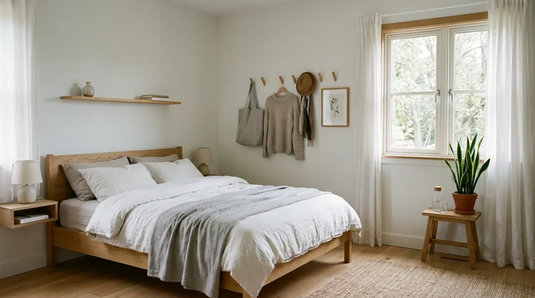 Scandinavian small bedroom with light wood, minimal furniture, wall hooks, and daylight.